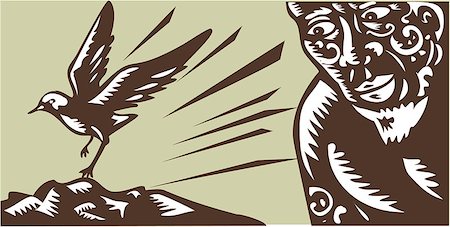 simsearch:400-08617785,k - Illustration of Samoan legend god Tagaloa peeking looking at his plover bird daughter land to a treeless island done in retro woodcut style. Stock Photo - Budget Royalty-Free & Subscription, Code: 400-08627362