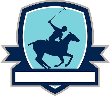 simsearch:400-08620286,k - Illustration of a polo player riding horse with polo stick mallet viewed from the side set inside shield crest with ribbon on isolated background done in retro style Foto de stock - Super Valor sin royalties y Suscripción, Código: 400-08627372