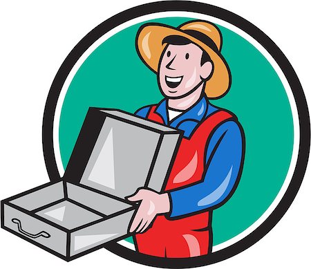 empty suitcase - Illustration of a man wearing hat and overalls holding an empty open suitcase set inside circle on isolated backgroun done in cartoon style. Foto de stock - Super Valor sin royalties y Suscripción, Código: 400-08627473