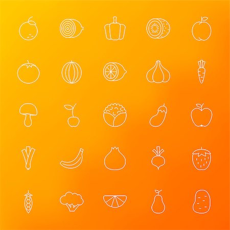 Fruit and Vegetable Line Icons Set over Blurred Background. Vector Set of Modern Thin Outline Healthy Eating Items. Stock Photo - Budget Royalty-Free & Subscription, Code: 400-08627534