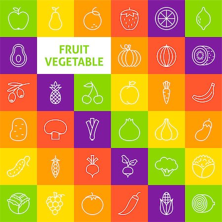 Vector Line Art Fruit Vegetable Icons Set. Modern Thin Outline Fresh Vegan Food Items over Colorful Squares. Stock Photo - Budget Royalty-Free & Subscription, Code: 400-08627555