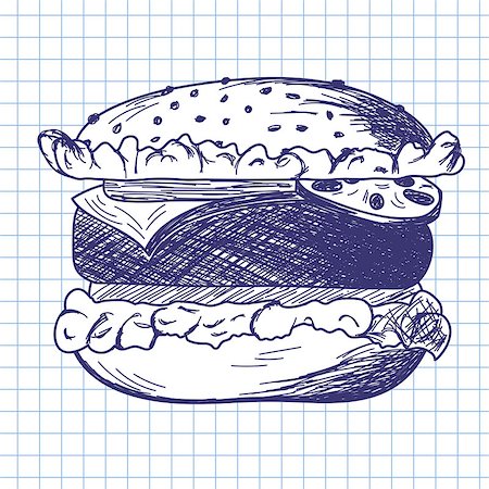 doodle art about school - Hamburger. Doodle sketch on checkered paper background. Vector illustration. Stock Photo - Budget Royalty-Free & Subscription, Code: 400-08627654