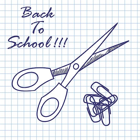 doodle art about school - Scissors and clips. Doodle sketch on checkered paper background. Vector illustration. Stock Photo - Budget Royalty-Free & Subscription, Code: 400-08627659