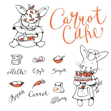 easter humour - Cartoon Bunnies are baking a carrot cake.  Hand-drawn illustration. Vector set. Stock Photo - Budget Royalty-Free & Subscription, Code: 400-08627678