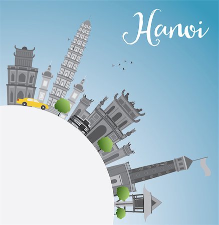 simsearch:400-08617286,k - Hanoi skyline with gray Landmarks, blue sky and copy space. Vector illustration. Business and tourism concept with copy space. Image for presentation, banner, placard or web site Stock Photo - Budget Royalty-Free & Subscription, Code: 400-08627954