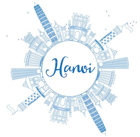 simsearch:400-08890779,k - Outline Hanoi skyline with blue Landmarks and copy space. Vector illustration. Business and tourism concept with copy space. Image for presentation, banner, placard or web site Stock Photo - Budget Royalty-Free & Subscription, Code: 400-08627953