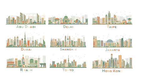 Set of 9 Abstract City Skyline. Vector Illustration. Skyline with World Landmarks. Business travel and tourism concept. Image for presentation, banner, placard and web site. Foto de stock - Super Valor sin royalties y Suscripción, Código: 400-08627961
