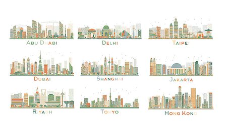 Set of 9 Abstract City Skyline. Vector Illustration. Skyline with World Landmarks. Business travel and tourism concept. Image for presentation, banner, placard and web site. Stockbilder - Microstock & Abonnement, Bildnummer: 400-08627961