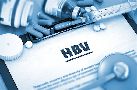 HBV - Medical Report with Composition of Medicaments - Pills, Injections and Syringe. HBV - Printed Diagnosis with Blurred Text. HBV, Medical Concept with Selective Focus. 3D Render. Stock Photo - Budget Royalty-Free & Subscription, Code: 400-08628060