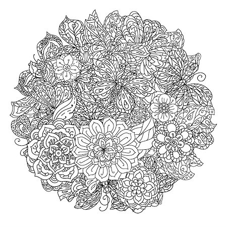 simsearch:400-08616791,k - Uncoloured flowers and sweets for adult coloring book in famous zenart art therapy antistress style. Hand-drawn, retro, doodle, vector, mandala style, uncoloured for coloring book or poster design. Foto de stock - Super Valor sin royalties y Suscripción, Código: 400-08628219