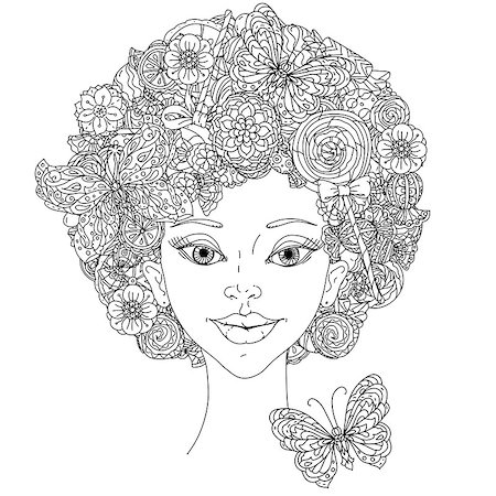 Uncoloured girlish face for adult coloring book in famous zenart art therapy antistress style. Hand-drawn, retro, doodle, vector, mandala style, uncoloured for coloring book or poster design Stock Photo - Budget Royalty-Free & Subscription, Code: 400-08628224