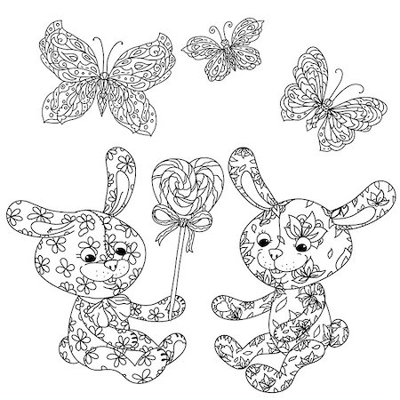 sitting colouring cartoon - uncolored toy bunny and sweets with butterfly in coloring book style. Hand-drawn, doodle, vector the best for your design, t-shirt, cards, coloring book. Black and white for adult coloring book. Foto de stock - Super Valor sin royalties y Suscripción, Código: 400-08628225