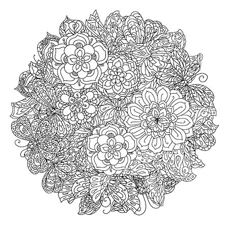 simsearch:400-08616791,k - Uncoloured flowers and sweets for adult coloring book in famous zenart art therapy antistress style. Hand-drawn, retro, doodle, vector, mandala style, uncoloured for coloring book or poster design. Foto de stock - Super Valor sin royalties y Suscripción, Código: 400-08628220