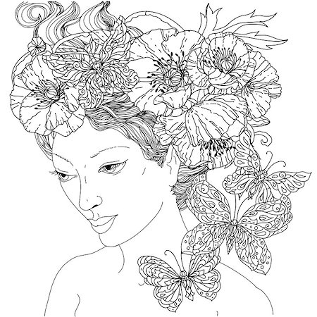 flowers sketch for coloring - Uncoloured girlish face for adult coloring book in famous zenart art therapy antistress style. Hand-drawn, retro, doodle, vector, mandala style, uncoloured for coloring book or poster design Stock Photo - Budget Royalty-Free & Subscription, Code: 400-08628223
