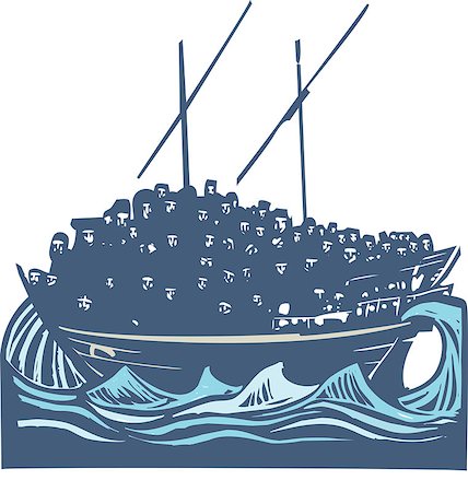 Woodcut style image of a crowd of refugees an a traditional Arabic ship called a Dhow Foto de stock - Super Valor sin royalties y Suscripción, Código: 400-08628248