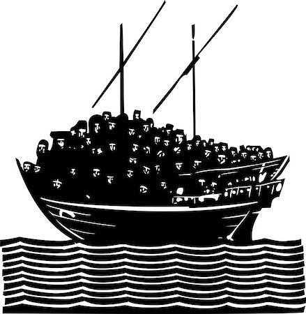 Woodcut style image of a crowd of refugees an a traditional Arabic ship called a Dhow Foto de stock - Super Valor sin royalties y Suscripción, Código: 400-08628249