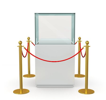 Empty glass cube on pedestal for exhibit with barrier rope. 3D illustration Stock Photo - Budget Royalty-Free & Subscription, Code: 400-08628302