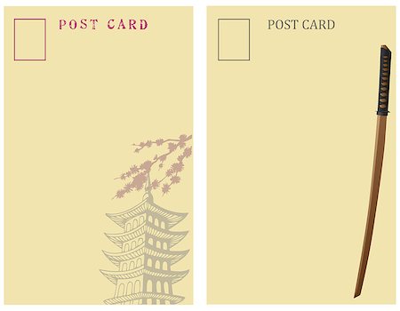 simsearch:400-09098455,k - Vintage Post Cards Japan. On the back of the card Japan symbols - pagoda and Japanese sword. Stockbilder - Microstock & Abonnement, Bildnummer: 400-08628358