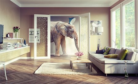 simsearch:400-08628372,k - Big elephant, walking in the apartment rooms. 3d concept Foto de stock - Super Valor sin royalties y Suscripción, Código: 400-08628374