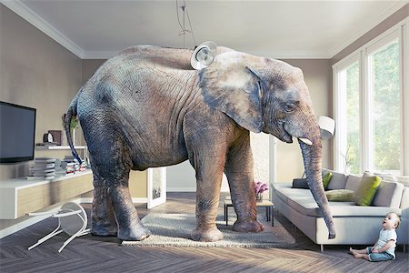 Big elephant and the baby  in the living room. 3d concept Photographie de stock - Aubaine LD & Abonnement, Code: 400-08628376