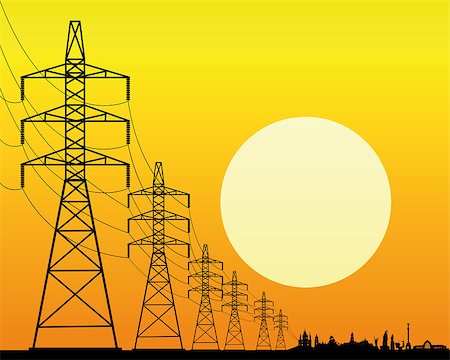 electricity city sun - black silhouette of power lines on an orange background with the sun Stock Photo - Budget Royalty-Free & Subscription, Code: 400-08628386