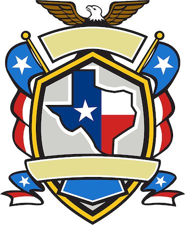 simsearch:400-06891855,k - Illustration of coat of arms style emblem of Texas state map draped in its state flag with american eagle up on top and unfurled Texan lone star flags on side set inside crest shield done in retro style. Fotografie stock - Microstock e Abbonamento, Codice: 400-08628456