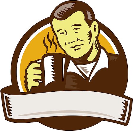 Illustration of an asian man holding cup mug drinking coffee viewed from front set inside circle done in retro woodcut style. Stock Photo - Budget Royalty-Free & Subscription, Code: 400-08628450