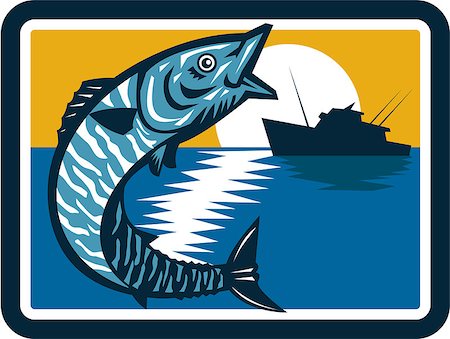 simsearch:400-08617785,k - Illustration of a wahoo , Acanthocybium solandri, a scombrid fish jumping up with sea and fishing boat in the background set inside square shape done in retro style. Stock Photo - Budget Royalty-Free & Subscription, Code: 400-08628475