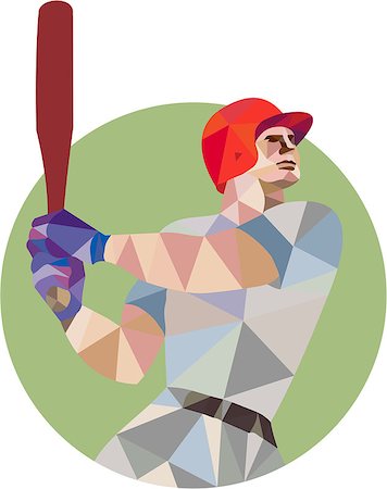 simsearch:400-08653412,k - Low polygon style illustration of an american baseball player batter hitter holding bat batting viewed from the side set inside circle on isolated background. Stock Photo - Budget Royalty-Free & Subscription, Code: 400-08628505