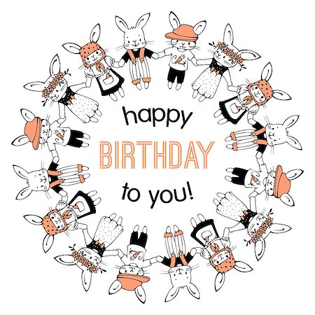 simsearch:400-08531661,k - Greeting card "happy birthday!" with funny cartoon bunnies. Hand-drawn illustration. Vector. Fotografie stock - Microstock e Abbonamento, Codice: 400-08628645