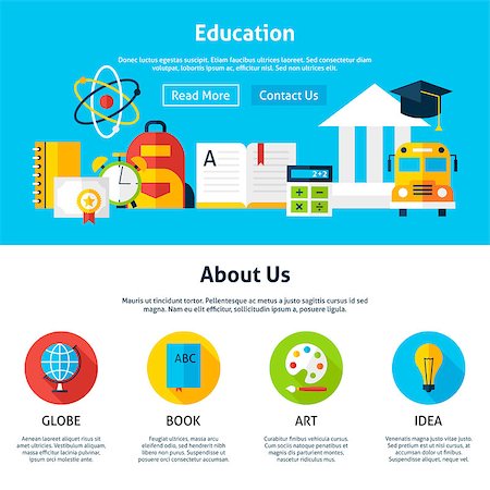 simsearch:400-08628684,k - Education Flat Web Design Template. Vector Illustration for Website banner and landing page. Header with Studying and Learning Icons Modern Design. Foto de stock - Super Valor sin royalties y Suscripción, Código: 400-08628688