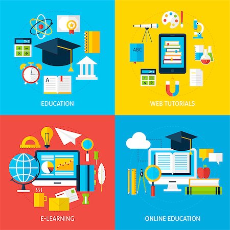 simsearch:400-08628684,k - Online Education and Learning Service Concepts Set. Flat Design Vector Illustration. Collection of Online Tutorial and School Education Posters. Foto de stock - Super Valor sin royalties y Suscripción, Código: 400-08628694