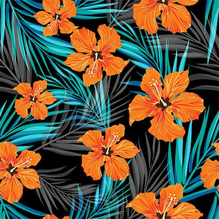 Summer tropical hawaiian sale background with palm tree leaves and exotic flowers, space for text, vector illustration. Stock Photo - Budget Royalty-Free & Subscription, Code: 400-08628848