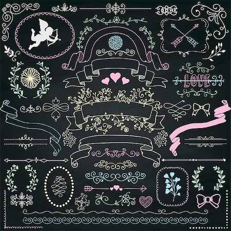 simsearch:400-08755813,k - Vector Chalk Drawing Rustic Floral Doodle Swirls, Branches, Design Elements. Decorative Corners, Dividers, Arrows, Scrolls, Ribbons on Chalkboard Texture. Hand Drawn Vector Illustration. Stock Photo - Budget Royalty-Free & Subscription, Code: 400-08628849