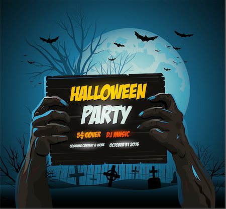 Zombie hands holding a halloween poster ad with moon in background Stock Photo - Budget Royalty-Free & Subscription, Code: 400-08628925