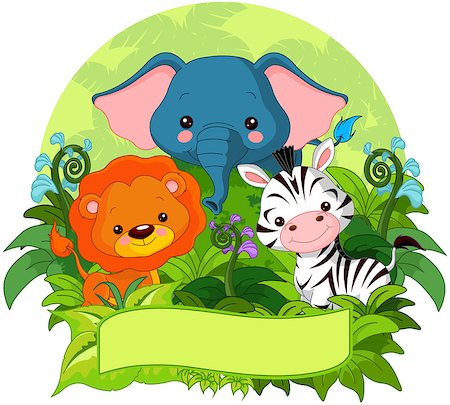 Illustration of cute jungle animals on nature background Foto de stock - Super Valor sin royalties y Suscripción, Código: 400-08629161