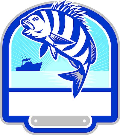 simsearch:400-08620286,k - Illustration of a sheepshead (Archosargus probatocephalus) a marine fish jumping up set inside shield crest with fishing boat and sunburst in the background done in retro style. Foto de stock - Super Valor sin royalties y Suscripción, Código: 400-08629180