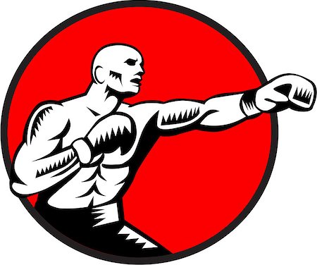 simsearch:400-08629212,k - Illustration of a boxer wearing boxing gloves jabbing punching boxing viewed from the side set inside circle done in retro woodcut style. Foto de stock - Super Valor sin royalties y Suscripción, Código: 400-08629197