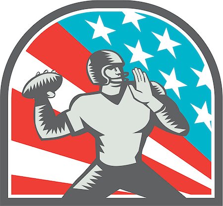 simsearch:400-08629212,k - Illustration of an american football gridiron quarterback player throwing ball viewed from the side side set inside crest shield with usa stars and stripes flag in background done in retro woodcut style. Foto de stock - Super Valor sin royalties y Suscripción, Código: 400-08629203