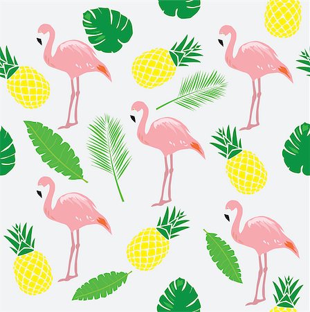 vector illustration of flamingos with pineapples, palm tree leaves Foto de stock - Super Valor sin royalties y Suscripción, Código: 400-08629219