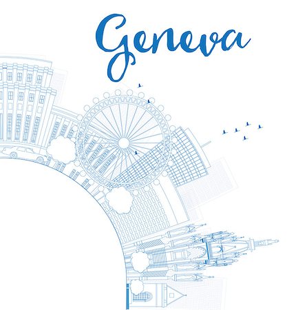 simsearch:400-08628897,k - Outline Geneva skyline with blue landmarks and copy space. Vector illustration. Business travel and tourism concept with place for text. Image for presentation, banner, placard and web site. Foto de stock - Super Valor sin royalties y Suscripción, Código: 400-08629660