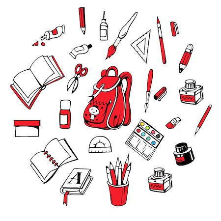 Vector set - backpack, books, brushes, paints, pencils and other school pack. Hand-drawn illustration. Stock Photo - Budget Royalty-Free & Subscription, Code: 400-08629827