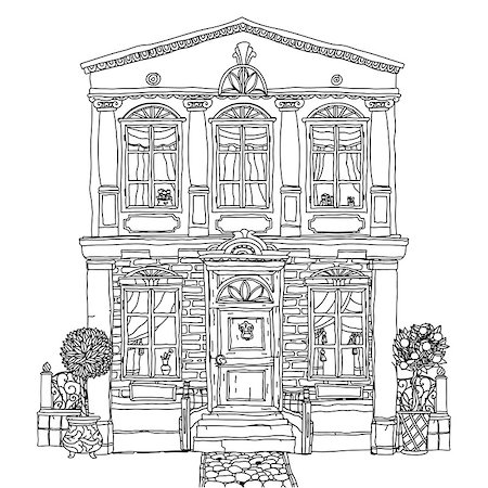 simsearch:400-08616791,k - Contoured Black and white illustration of a house with details for adult coloring book or for zen art therapy anti stress drawing. Hand-drawn, vector,very detailed, for coloring, poster design. Foto de stock - Super Valor sin royalties y Suscripción, Código: 400-08629942