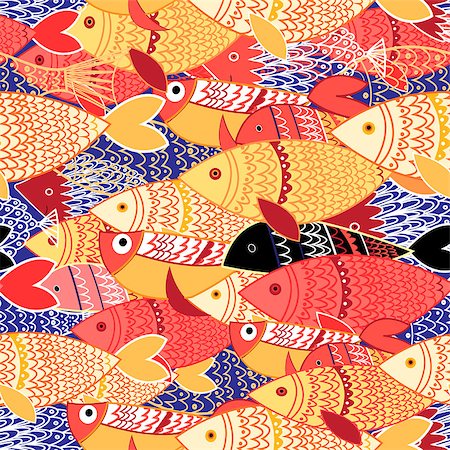 simsearch:400-07932621,k - Seamless pattern of bright colorful fish on blue Foto de stock - Royalty-Free Super Valor e Assinatura, Número: 400-08620181