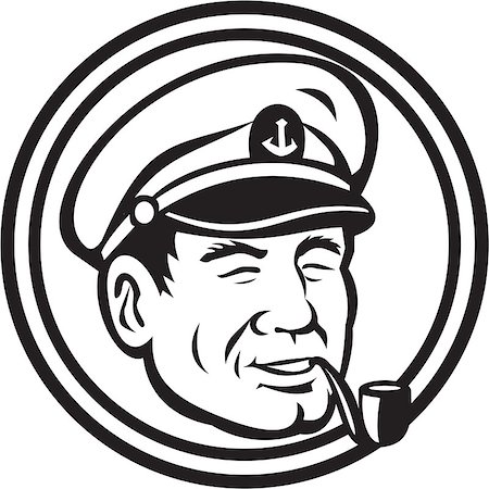 Black and white illustration of a sea captain, shipmaster, skipper, mariner wearing hat cap smoking smoke pipe set inside circle. Foto de stock - Super Valor sin royalties y Suscripción, Código: 400-08620307