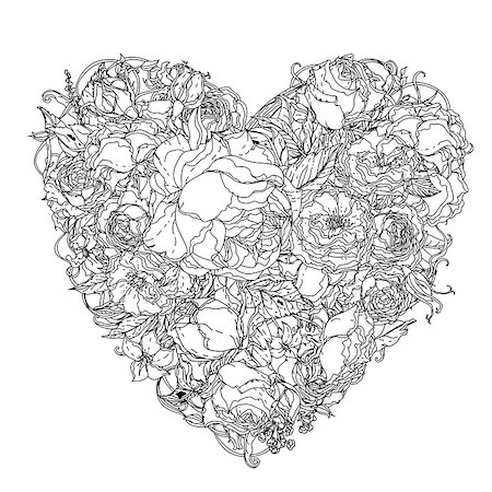 Artistic uncolored  colouring book syle luxury roses  bouquet in heart shape for Adult coloring book in famous zenart style. Hand-drawn, doodle, vector for design, wedding cards, coloring book Stock Photo - Budget Royalty-Free & Subscription, Code: 400-08620398