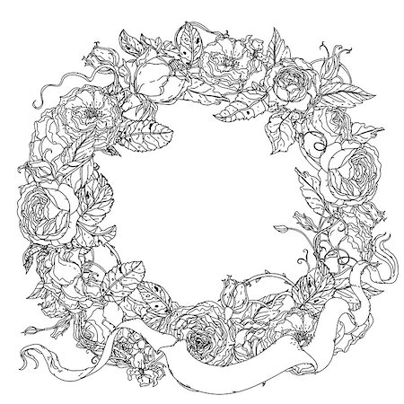 Uncolored, colouring book style luxury roses wreath in zenart style, heraldic cartouches for text Adult coloring book Hand-drawn, doodle, vector for design, wedding cards, coloring book Stock Photo - Budget Royalty-Free & Subscription, Code: 400-08620411