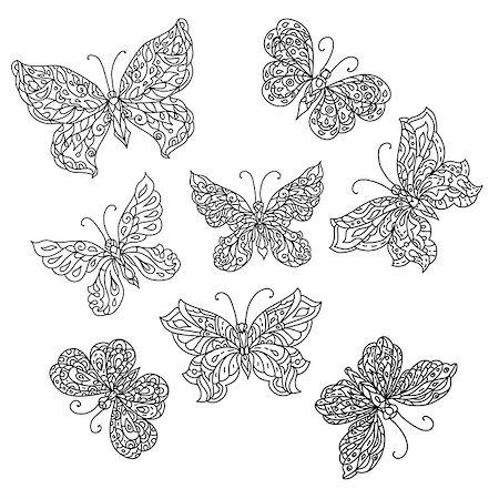 simsearch:400-08616791,k - Set of Uncolored ornat butterfly for adult coloring book in famous zenart style. Hand-drawn, retro, doodle, vector, uncoloured. The best for design, textiles, posters, coloring book in vector. Foto de stock - Super Valor sin royalties y Suscripción, Código: 400-08620424