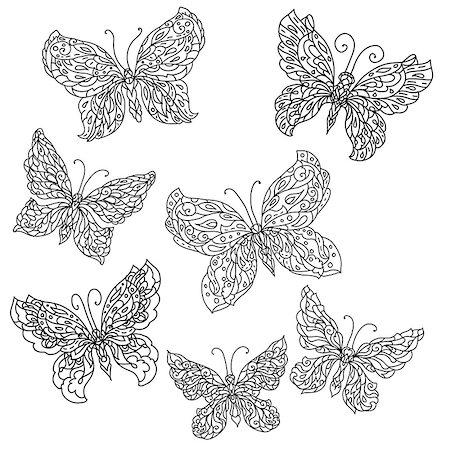 simsearch:400-08616791,k - Set of Uncolored ornat butterfly for adult coloring book in famous zenart style. Hand-drawn, retro, doodle, vector, uncoloured. The best for design, textiles, posters, coloring book in vector. Foto de stock - Super Valor sin royalties y Suscripción, Código: 400-08620425