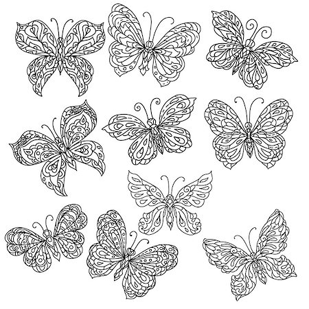 simsearch:400-08616791,k - Set of Uncolored ornat butterfly for adult coloring book in famous zenart style. Hand-drawn, retro, doodle, vector, uncoloured. The best for design, textiles, posters, coloring book in vector. Foto de stock - Super Valor sin royalties y Suscripción, Código: 400-08620426